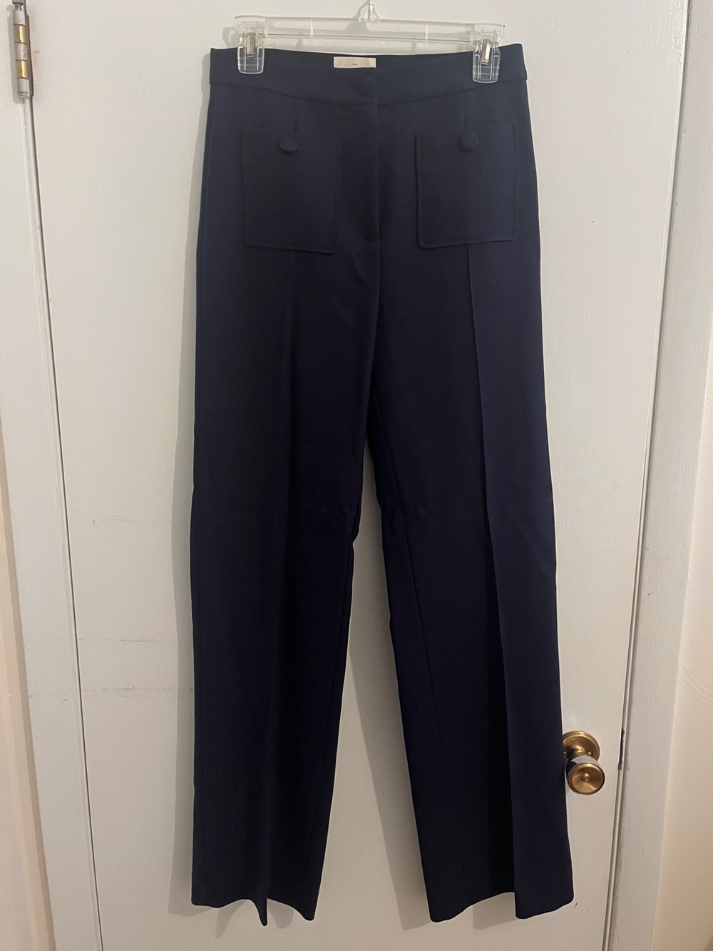 Sezane Dan Navy Wide-Leg High-Rise Pants with Front Patch Pockets - Picture 2 of 6